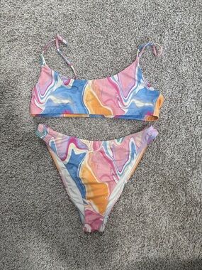 Marble Print Two-Piece Bikini Set in Pink, Blue & Orange